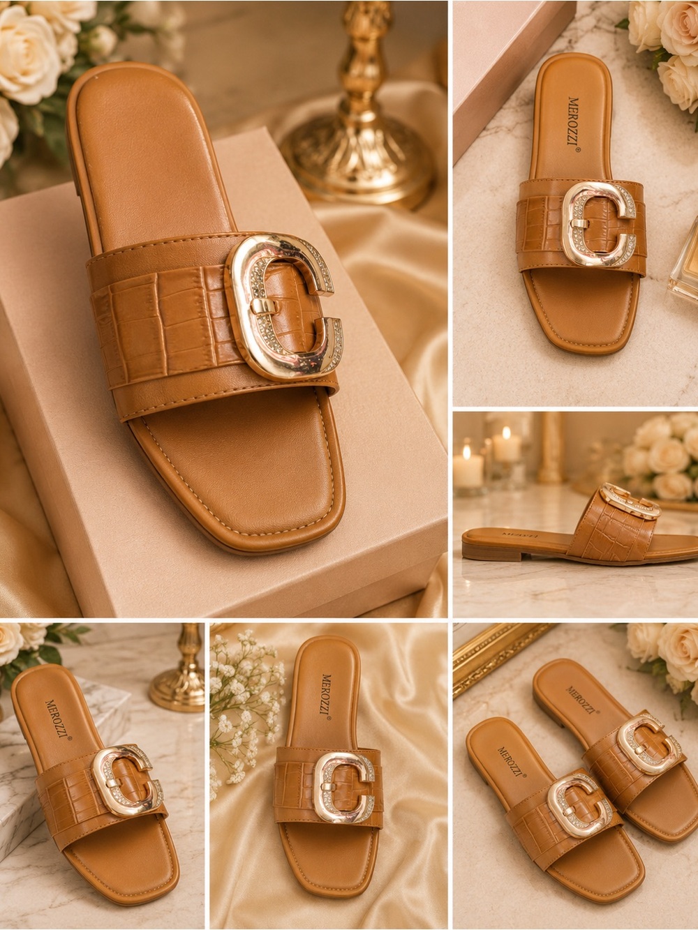 Tan Leather Slide Sandals with Gold Buckle